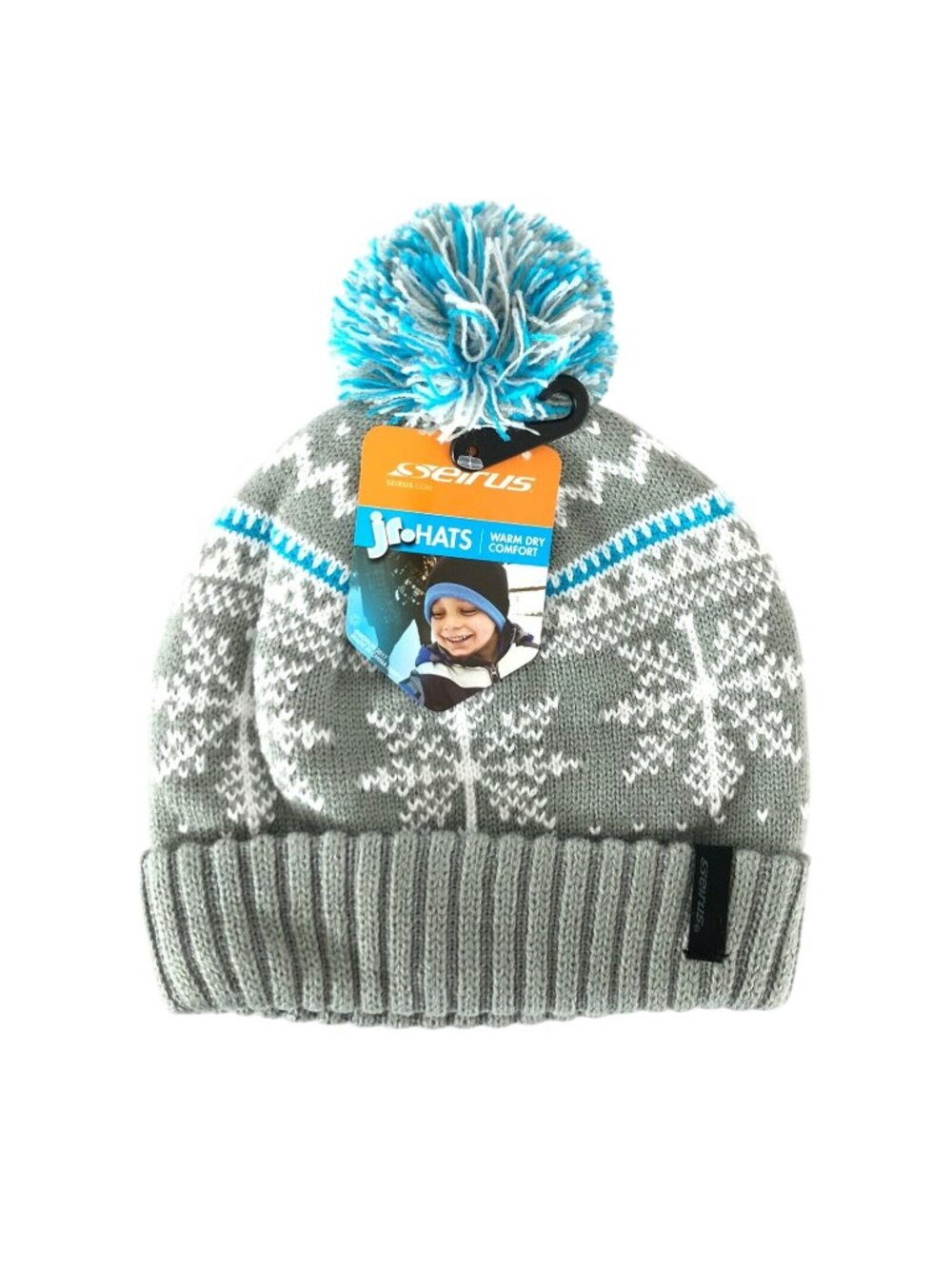 Seirus Jr Kids Beanie Hat Snowflake Pom Cuffed Knit Gray Blue White One Size